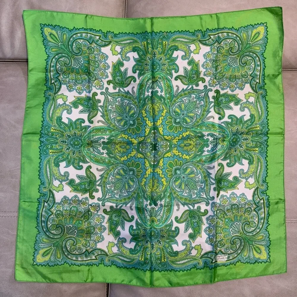 Vintage Green Paisley Square Scarf Boho Floral Hair Neck Head Wrap